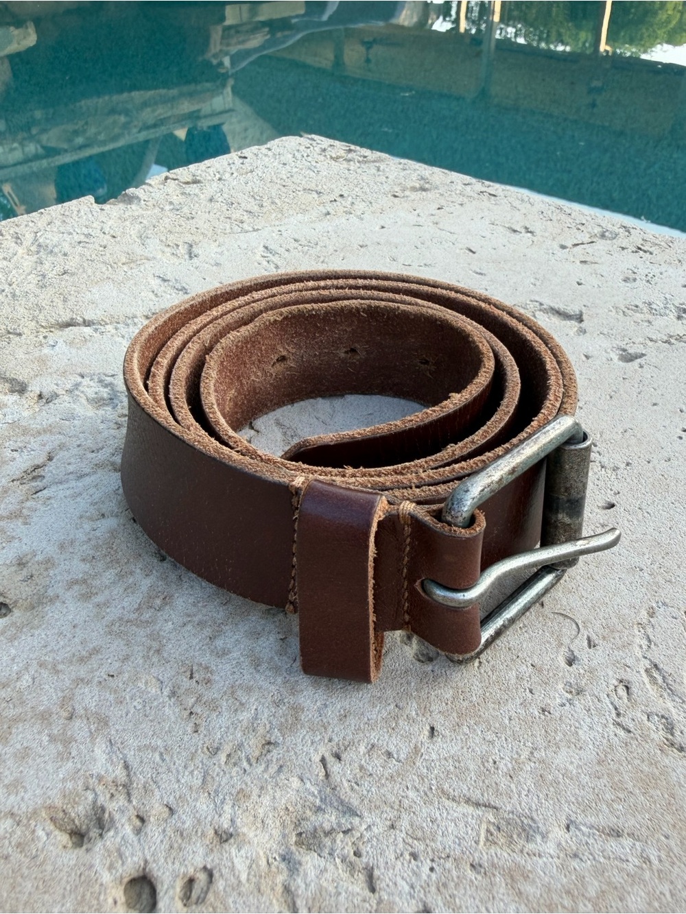 Genuine Leather Men’s Stretched Worn Brown Belt With Aged Silver Buckle Size 44